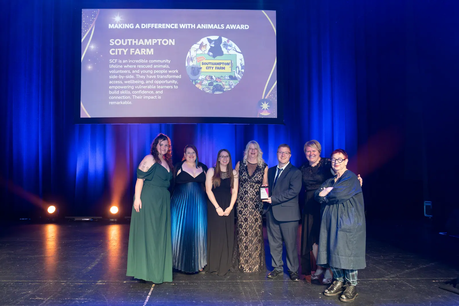 The Southampton City Farm team on stage receiving the Making a Difference with Animals Award.